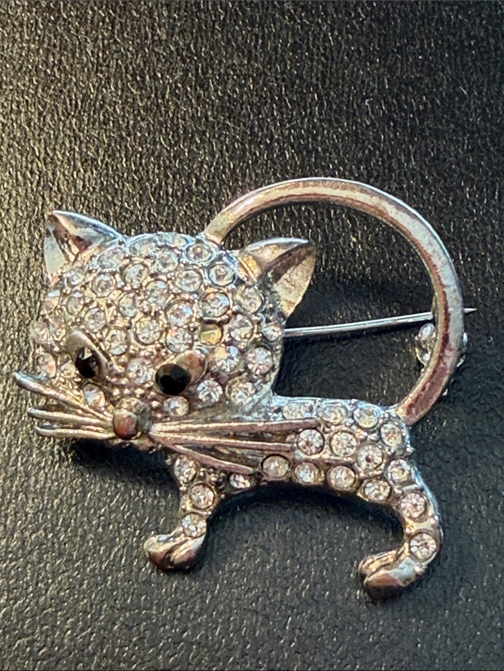 Vintage Silver Tone Rhinestones Encrusted Kitty Cat